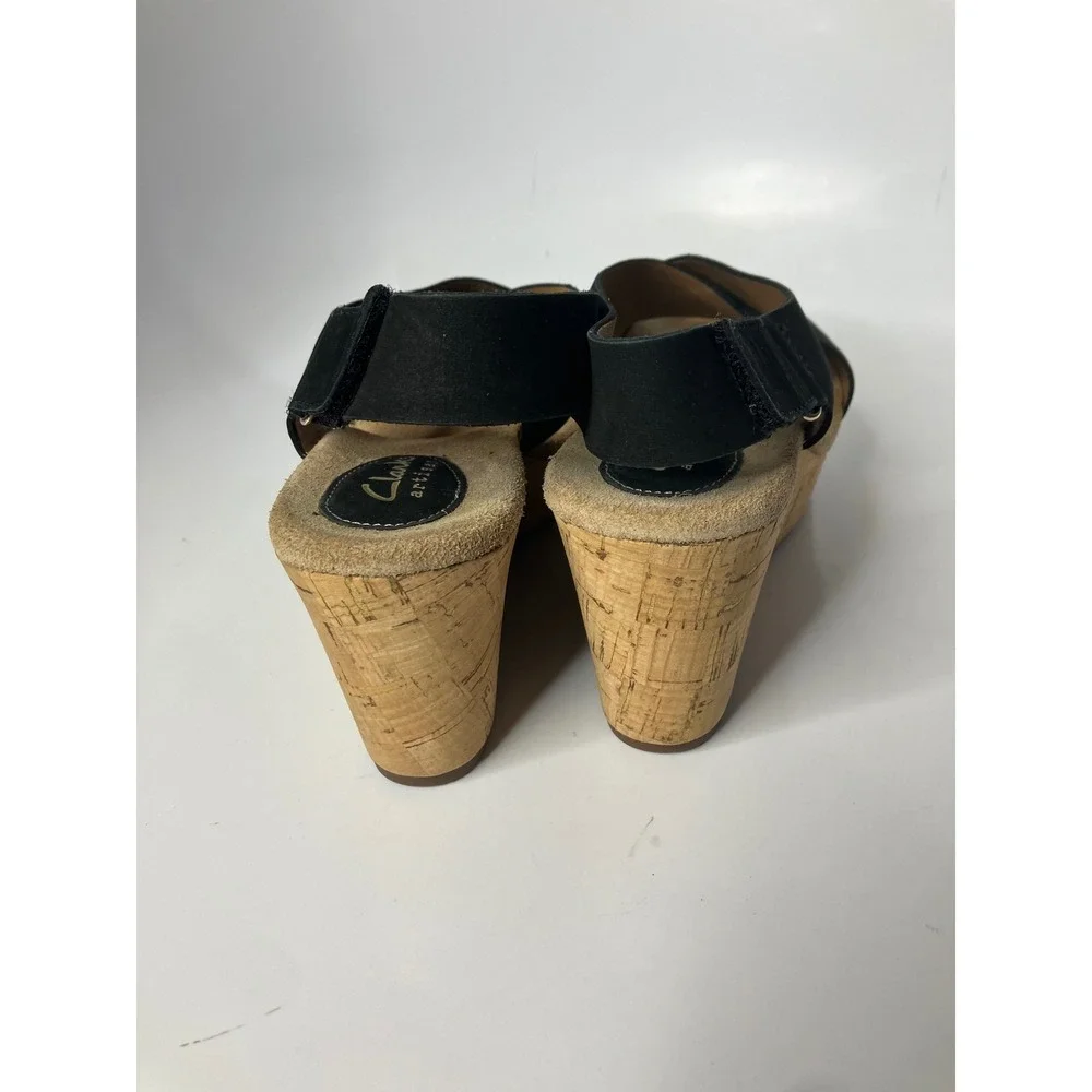 Clarks Artisan Wedge Sandals Womens 8 Black Good Cork Platform Slingback Nubuck